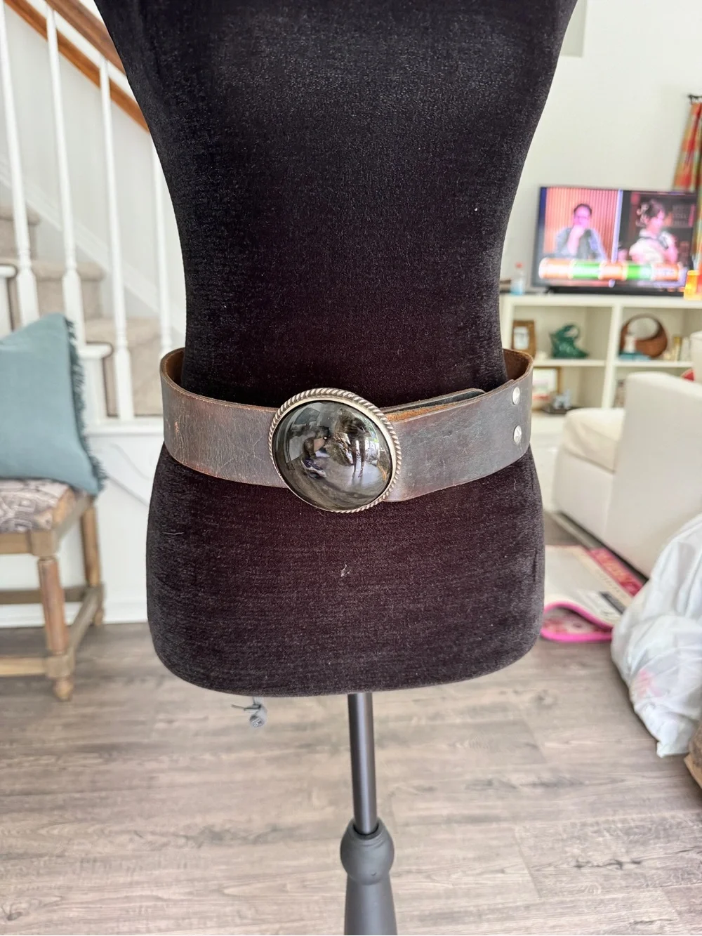 Wide Brown Leather Belt with Large Stone Buckle